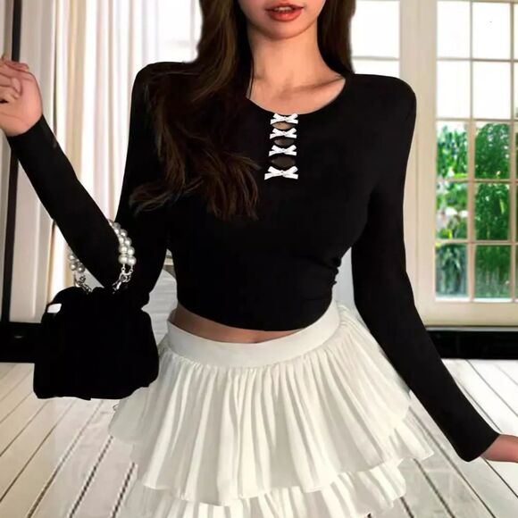 Dazy Tops - Dazy Black long sleeve keyhole cut-out pearl bows top